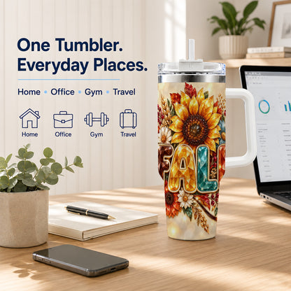 #pl[40oz|White] Fall Sunflower 40oz Tumbler with Handle, Autumn Stainless Steel Cup