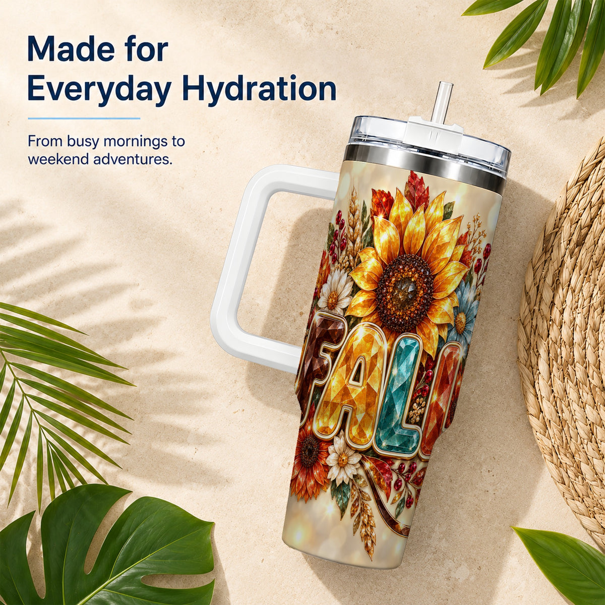 #pl[40oz|White] Fall Sunflower 40oz Tumbler with Handle, Autumn Stainless Steel Cup