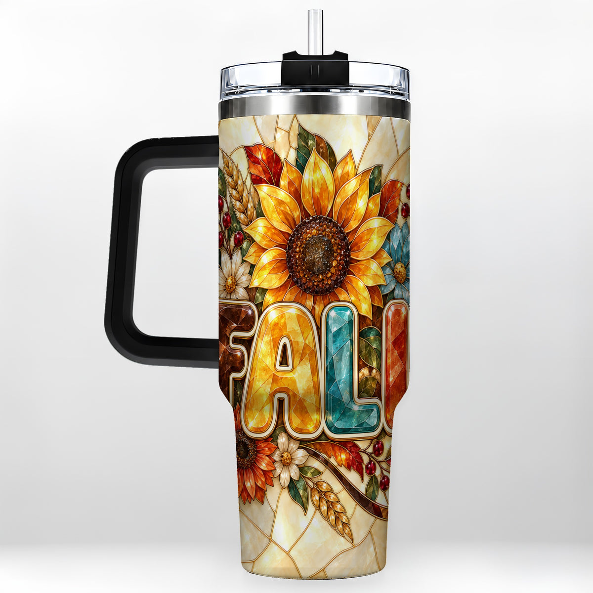 #pl[40oz|Black] Fall Floral 40oz Tumbler with Handle, Sunflower Stainless Steel Cup