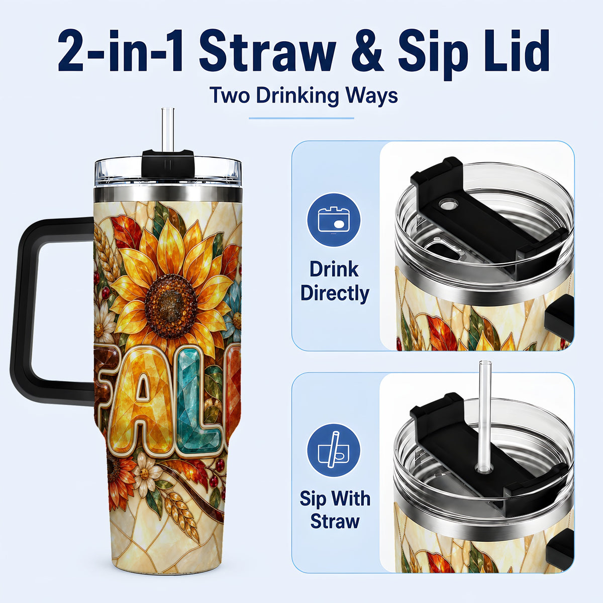 #pl[40oz|Black] Fall Floral 40oz Tumbler with Handle, Sunflower Stainless Steel Cup