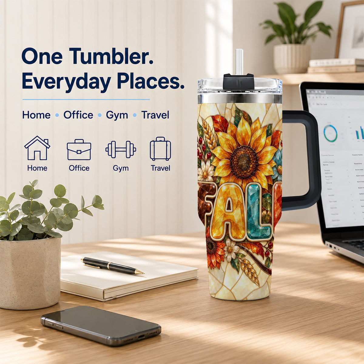 #pl[40oz|Black] Fall Floral 40oz Tumbler with Handle, Sunflower Stainless Steel Cup