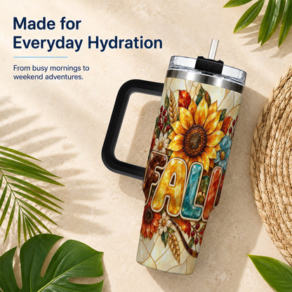 #pl[40oz|Black] Fall Floral 40oz Tumbler with Handle, Sunflower Stainless Steel Cup