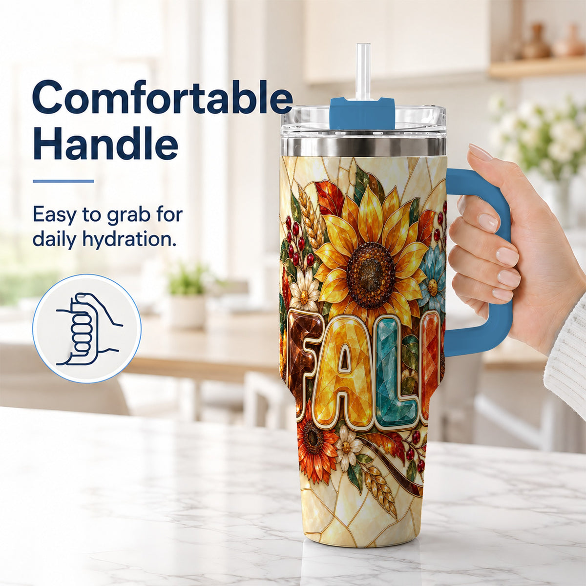 #pl[40oz|Blue] Fall Floral 40oz Tumbler with Handle, Sunflower Stainless Steel Cup