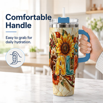 #pl[40oz|Blue] Fall Floral 40oz Tumbler with Handle, Sunflower Stainless Steel Cup