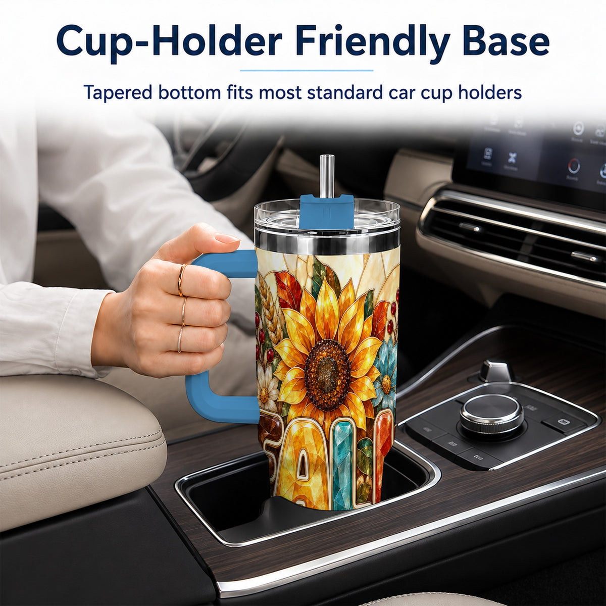 #pl[40oz|Blue] Fall Floral 40oz Tumbler with Handle, Sunflower Stainless Steel Cup