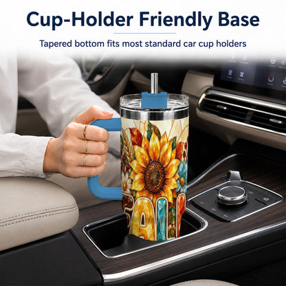 #pl[40oz|Blue] Fall Floral 40oz Tumbler with Handle, Sunflower Stainless Steel Cup
