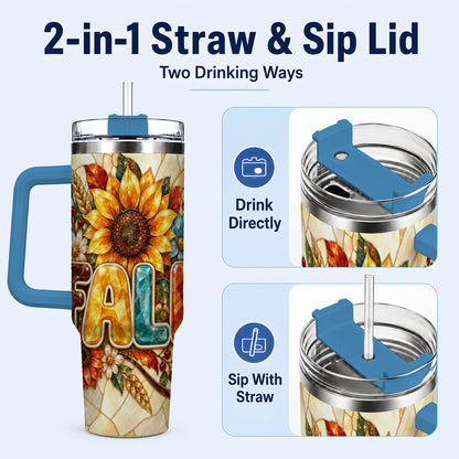 #pl[40oz|Blue] Fall Floral 40oz Tumbler with Handle, Sunflower Stainless Steel Cup