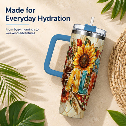 #pl[40oz|Blue] Fall Floral 40oz Tumbler with Handle, Sunflower Stainless Steel Cup