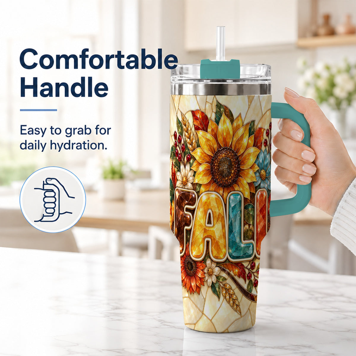 #pl[40oz|Green] Fall Floral 40oz Tumbler with Handle, Sunflower Stainless Steel Cup