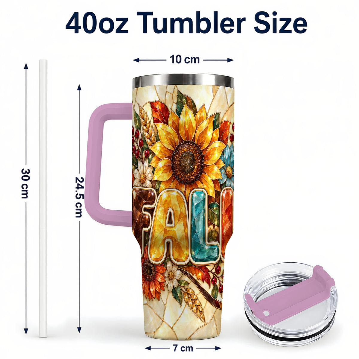 #pl[40oz|Pink] Fall Floral 40oz Tumbler with Handle, Sunflower Stainless Steel Cup