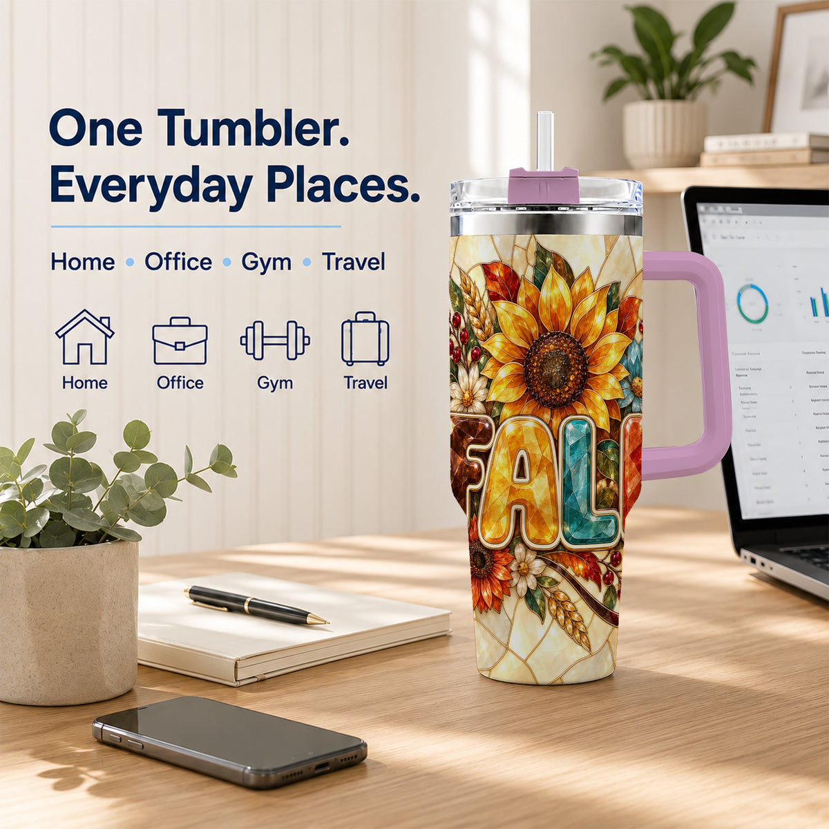 #pl[40oz|Pink] Fall Floral 40oz Tumbler with Handle, Sunflower Stainless Steel Cup