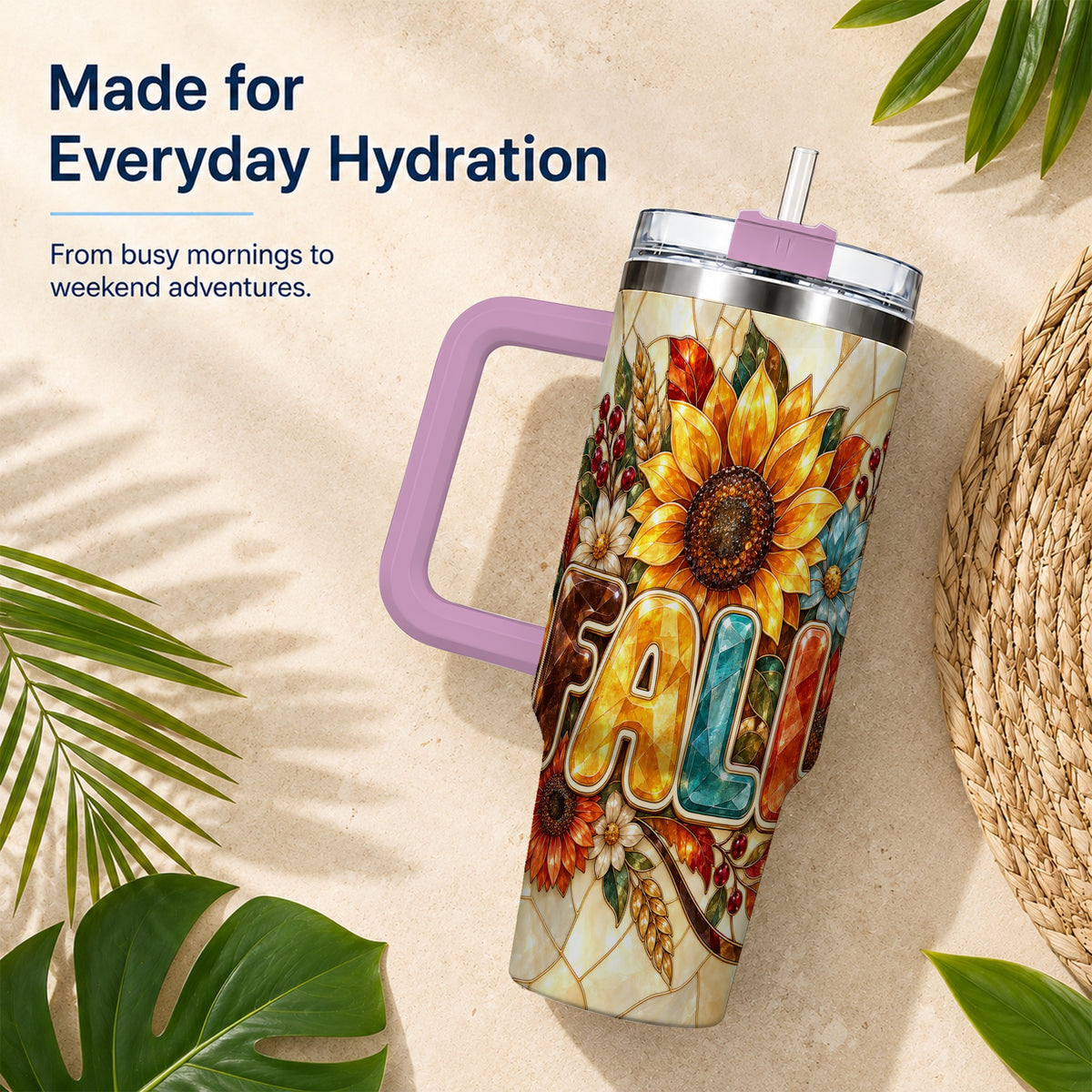 #pl[40oz|Pink] Fall Floral 40oz Tumbler with Handle, Sunflower Stainless Steel Cup