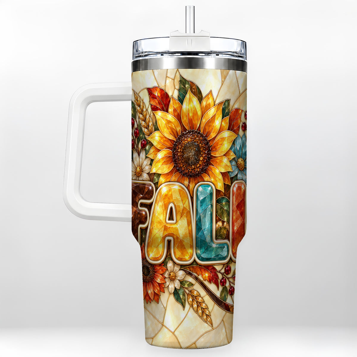 Fall Floral 40oz Tumbler with Handle, Sunflower Stainless Steel Cup