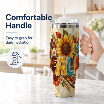 #pl[40oz|White] Fall Floral 40oz Tumbler with Handle, Sunflower Stainless Steel Cup