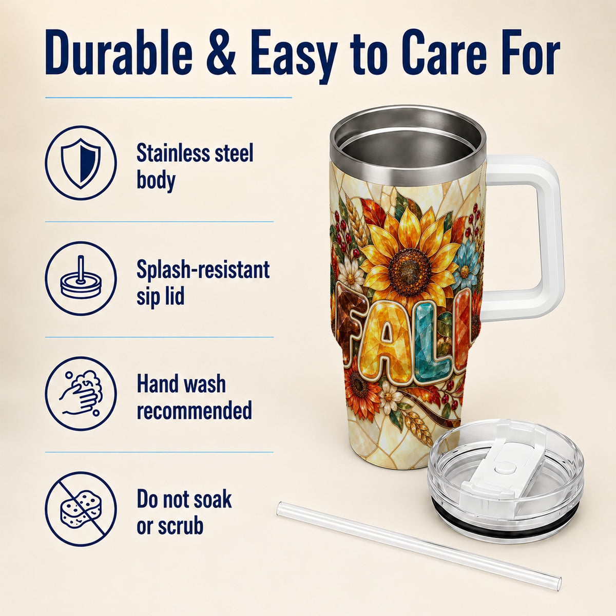 #pl[40oz|White] Fall Floral 40oz Tumbler with Handle, Sunflower Stainless Steel Cup