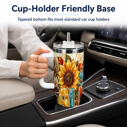 #pl[40oz|White] Fall Floral 40oz Tumbler with Handle, Sunflower Stainless Steel Cup