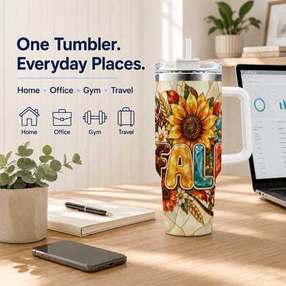 #pl[40oz|White] Fall Floral 40oz Tumbler with Handle, Sunflower Stainless Steel Cup