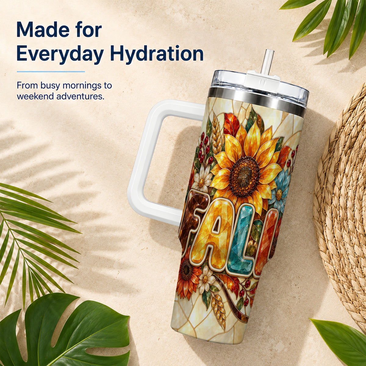 #pl[40oz|White] Fall Floral 40oz Tumbler with Handle, Sunflower Stainless Steel Cup