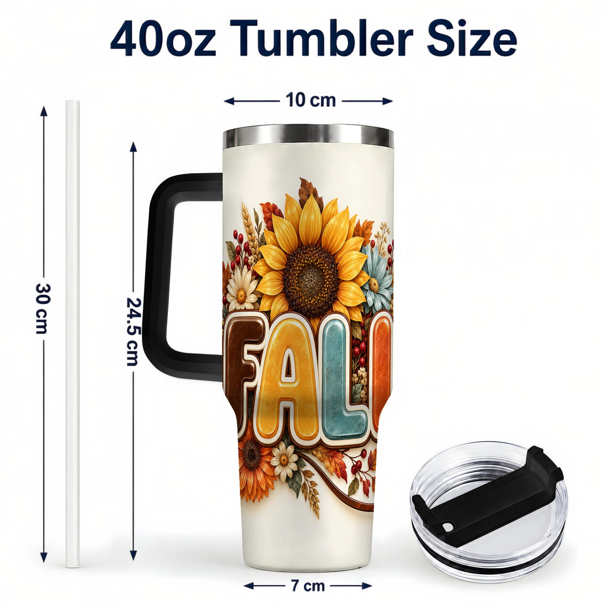 #pl[40oz|Black] Autumn Sunflower 40oz Tumbler with Handle, Fall Stainless Steel Cup
