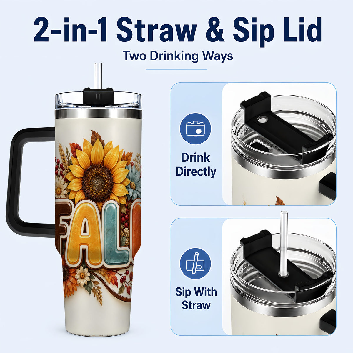 #pl[40oz|Black] Autumn Sunflower 40oz Tumbler with Handle, Fall Stainless Steel Cup