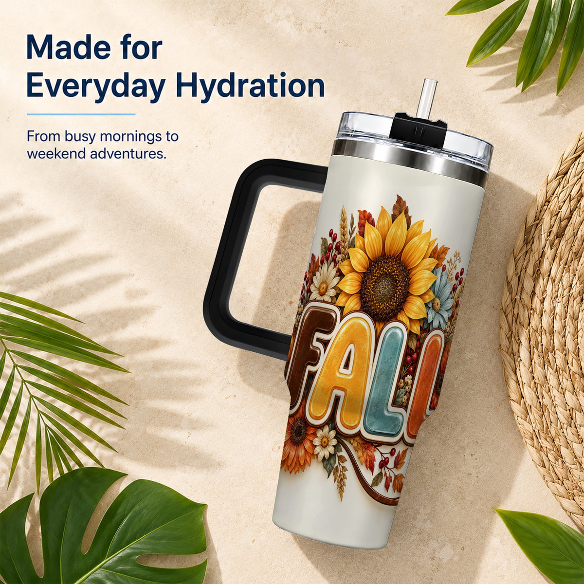 #pl[40oz|Black] Autumn Sunflower 40oz Tumbler with Handle, Fall Stainless Steel Cup