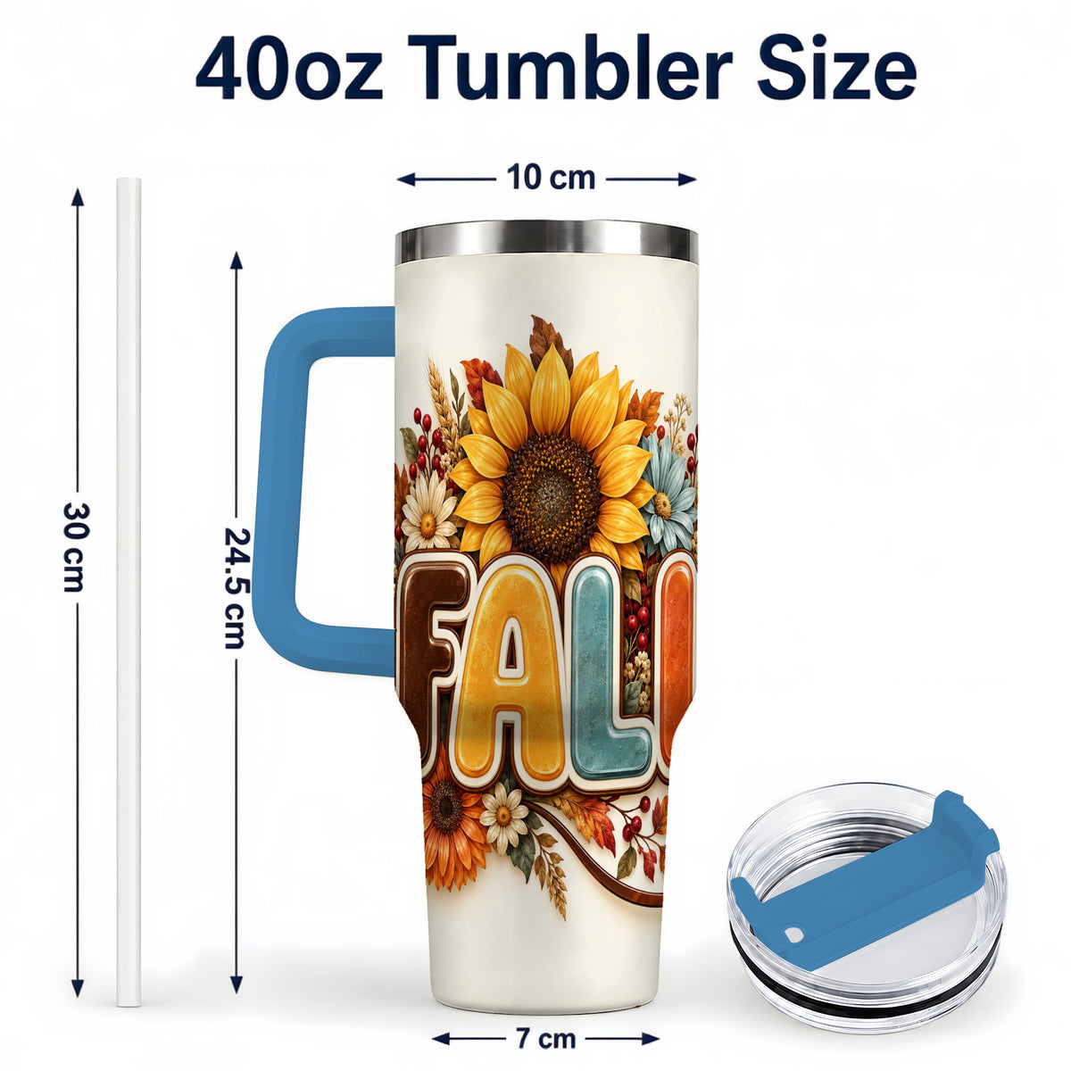 #pl[40oz|Blue] Autumn Sunflower 40oz Tumbler with Handle, Fall Stainless Steel Cup