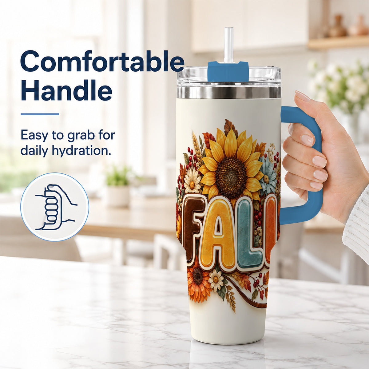 #pl[40oz|Blue] Autumn Sunflower 40oz Tumbler with Handle, Fall Stainless Steel Cup