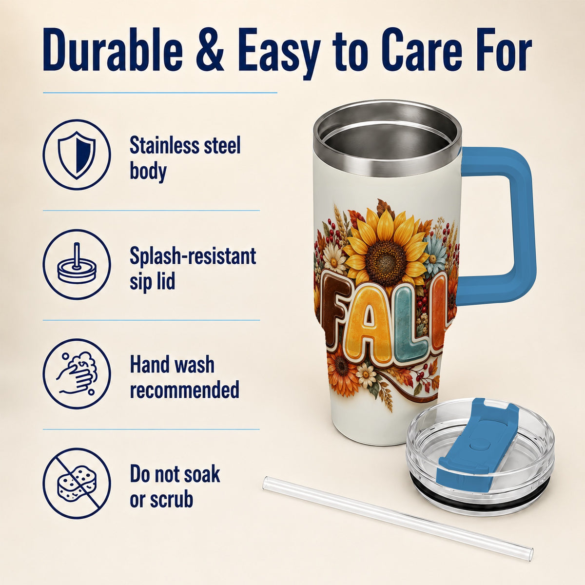 #pl[40oz|Blue] Autumn Sunflower 40oz Tumbler with Handle, Fall Stainless Steel Cup