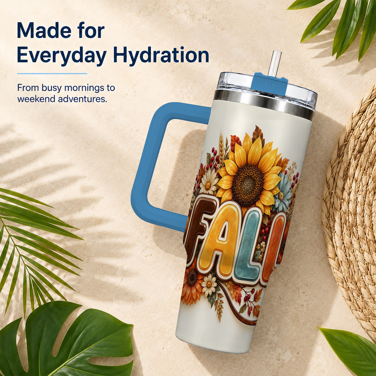 #pl[40oz|Blue] Autumn Sunflower 40oz Tumbler with Handle, Fall Stainless Steel Cup