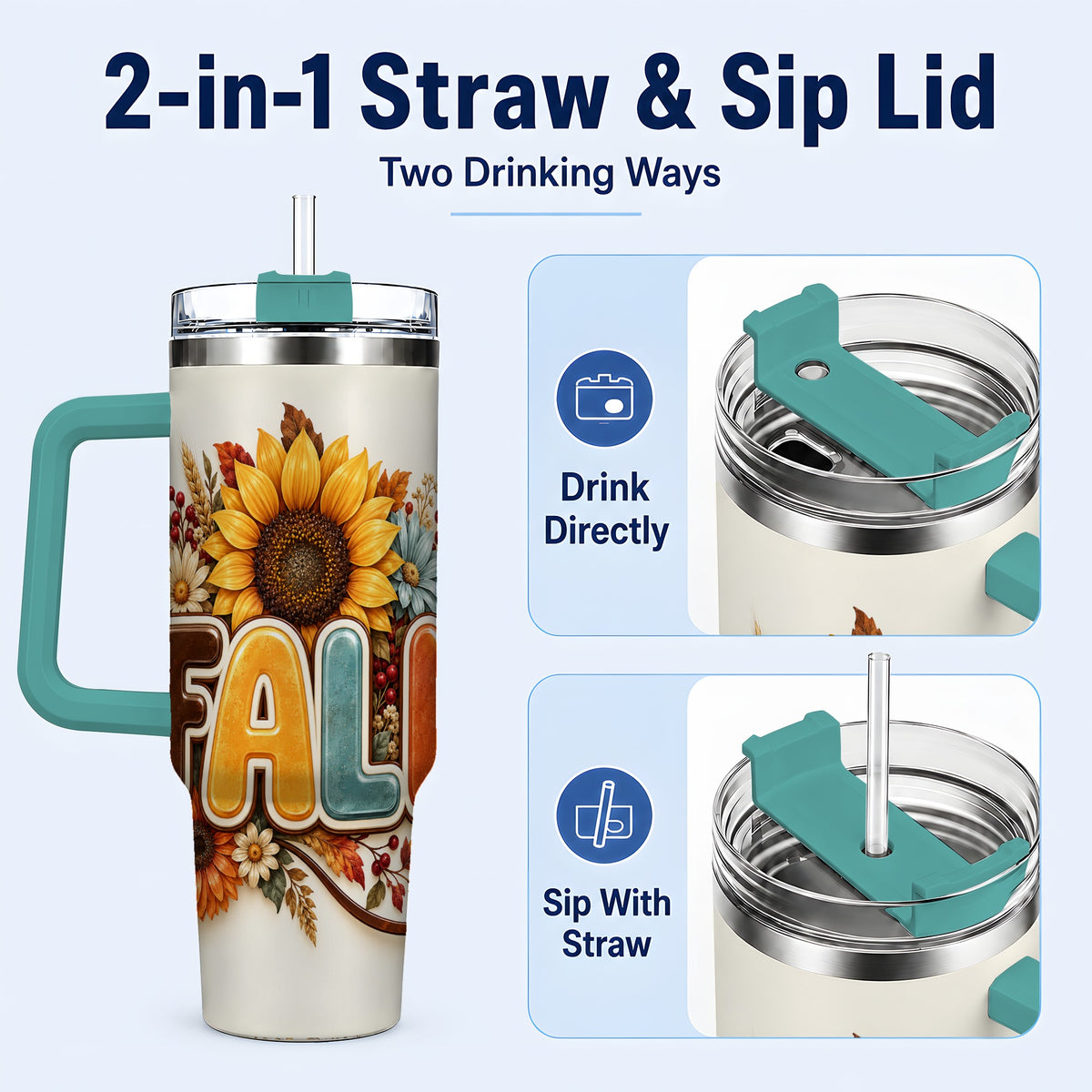 #pl[40oz|Green] Autumn Sunflower 40oz Tumbler with Handle, Fall Stainless Steel Cup