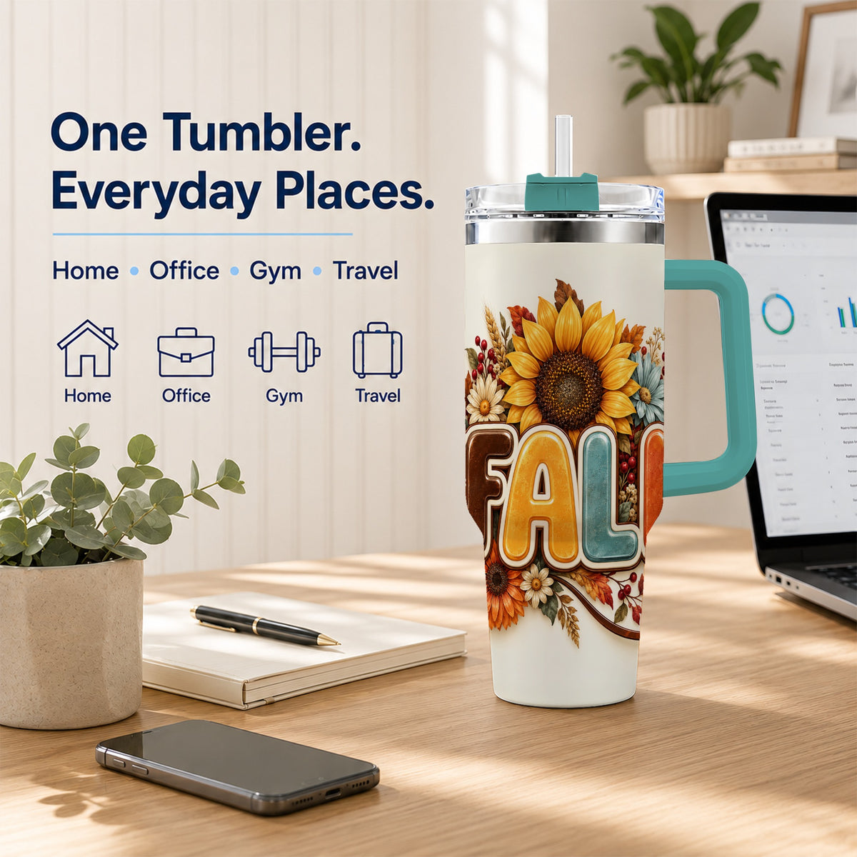 #pl[40oz|Green] Autumn Sunflower 40oz Tumbler with Handle, Fall Stainless Steel Cup