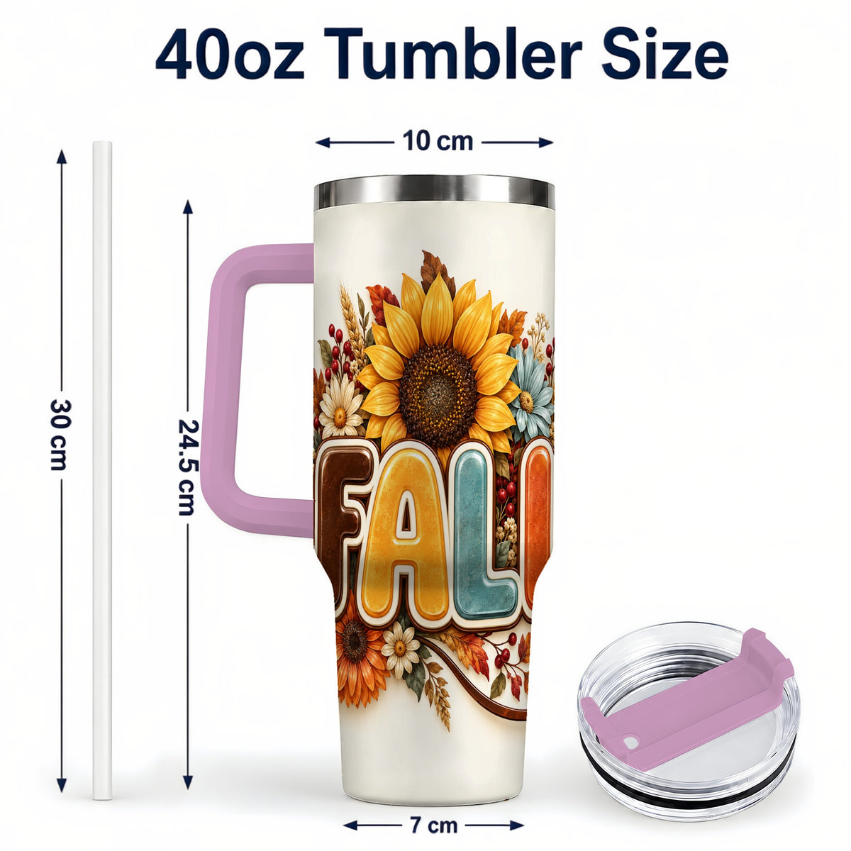 #pl[40oz|Pink] Autumn Sunflower 40oz Tumbler with Handle, Fall Stainless Steel Cup