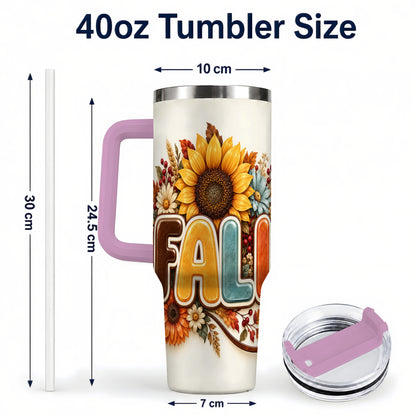 #pl[40oz|Pink] Autumn Sunflower 40oz Tumbler with Handle, Fall Stainless Steel Cup