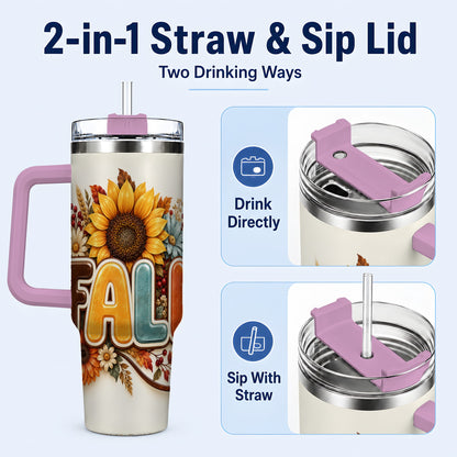 #pl[40oz|Pink] Autumn Sunflower 40oz Tumbler with Handle, Fall Stainless Steel Cup