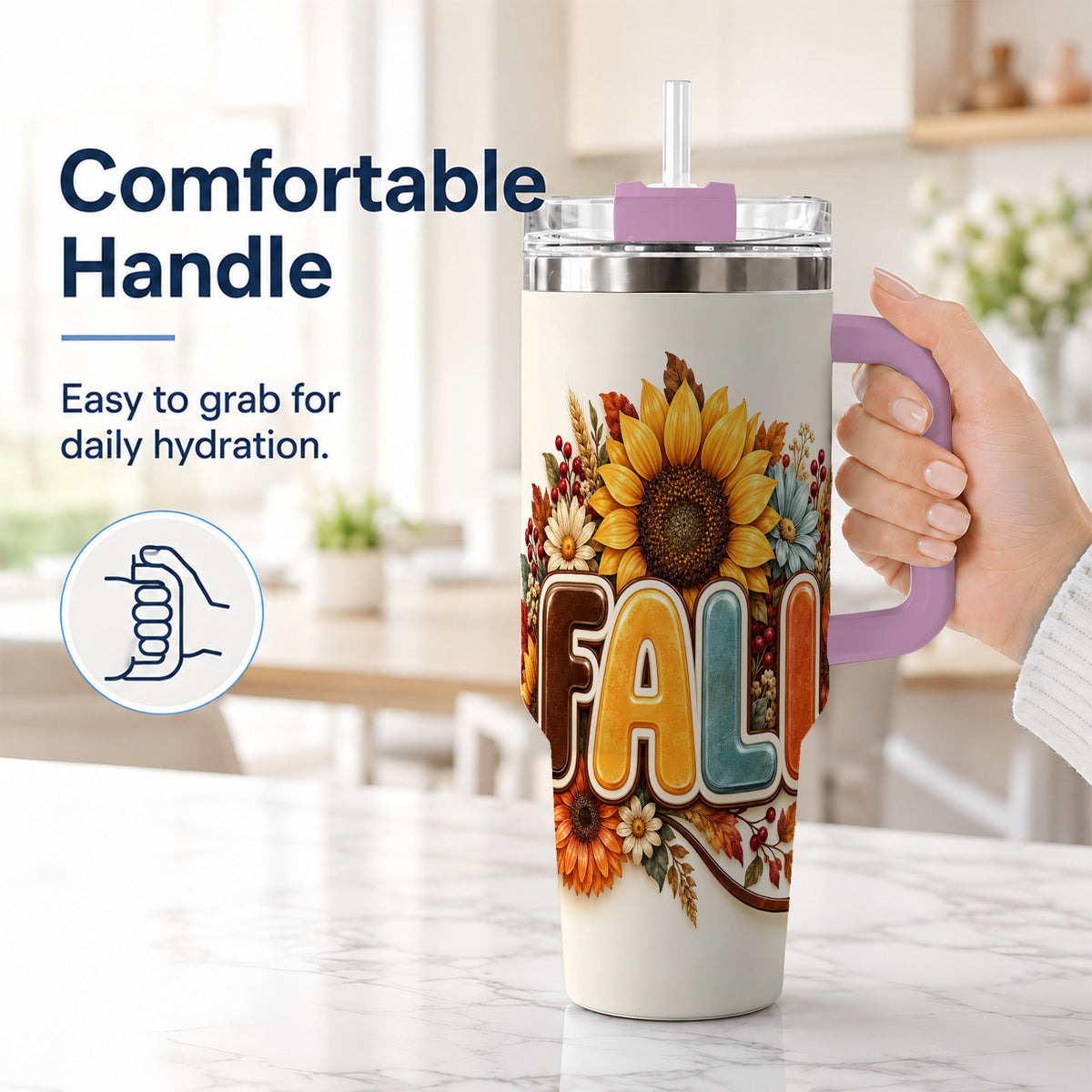 #pl[40oz|Pink] Autumn Sunflower 40oz Tumbler with Handle, Fall Stainless Steel Cup