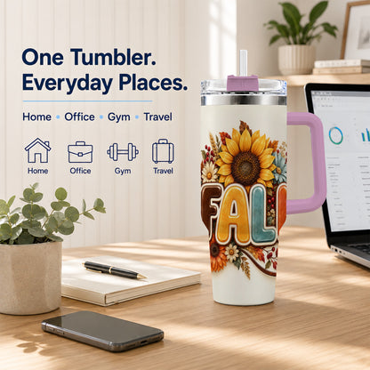 #pl[40oz|Pink] Autumn Sunflower 40oz Tumbler with Handle, Fall Stainless Steel Cup