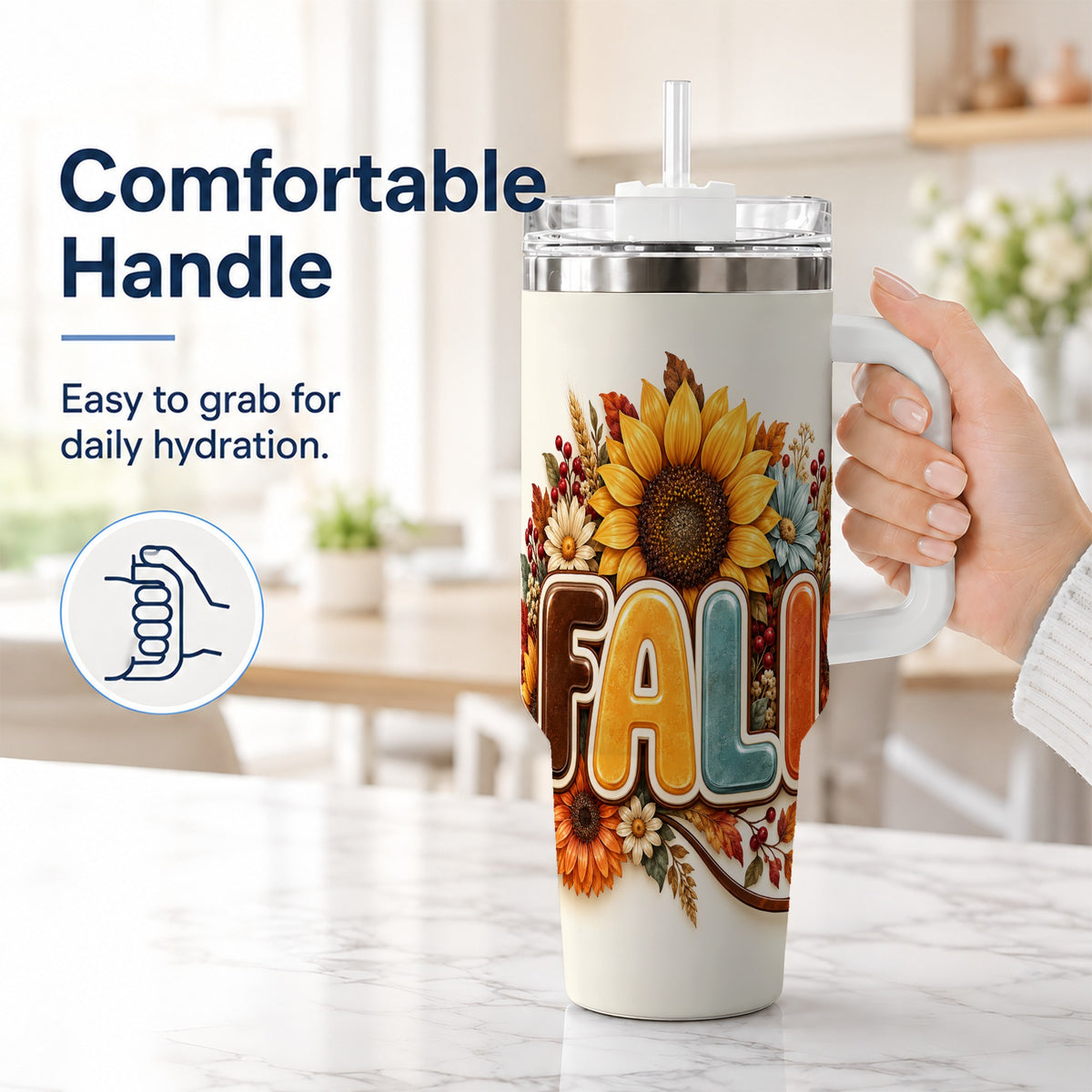 #pl[40oz|White] Autumn Sunflower 40oz Tumbler with Handle, Fall Stainless Steel Cup