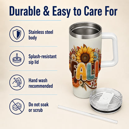 #pl[40oz|White] Autumn Sunflower 40oz Tumbler with Handle, Fall Stainless Steel Cup