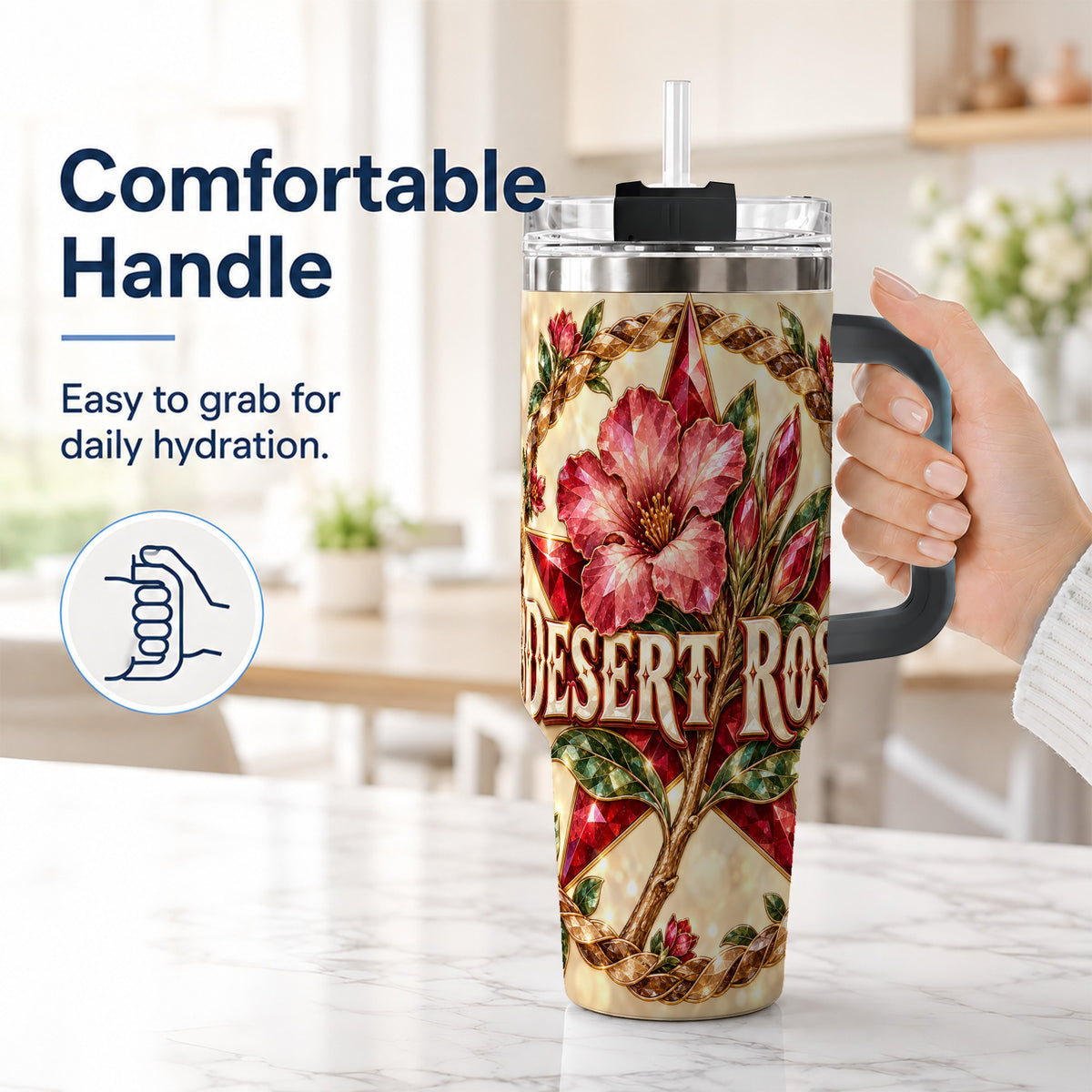 #pl[40oz|Black] Western Floral Star 40oz Tumbler with Handle, Rose Stainless Steel Cup