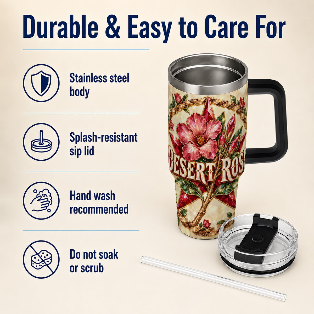 #pl[40oz|Black] Western Floral Star 40oz Tumbler with Handle, Rose Stainless Steel Cup