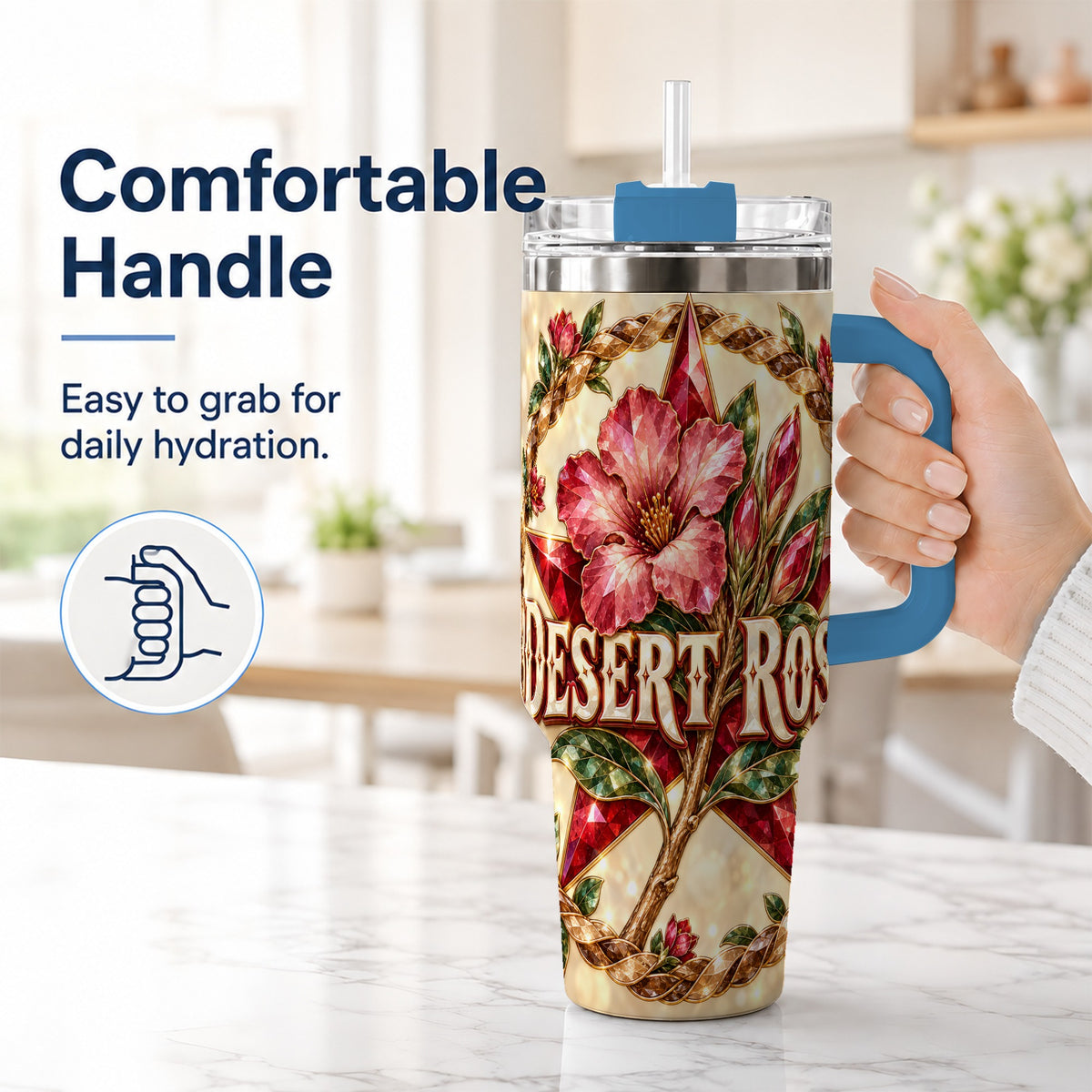 #pl[40oz|Blue] Western Floral Star 40oz Tumbler with Handle, Rose Stainless Steel Cup