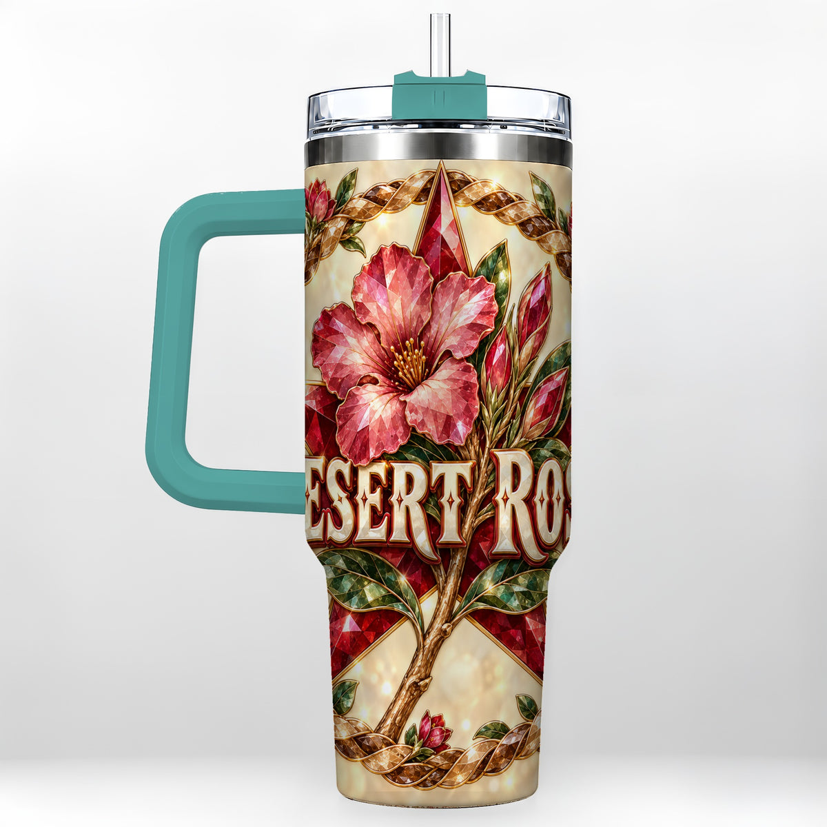 #pl[40oz|Green] Western Floral Star 40oz Tumbler with Handle, Rose Stainless Steel Cup