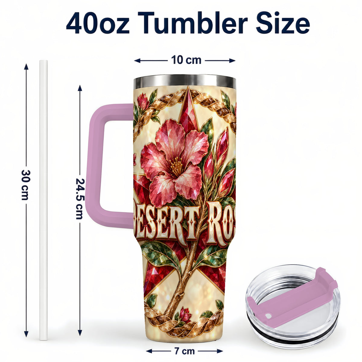 #pl[40oz|Pink] Western Floral Star 40oz Tumbler with Handle, Rose Stainless Steel Cup