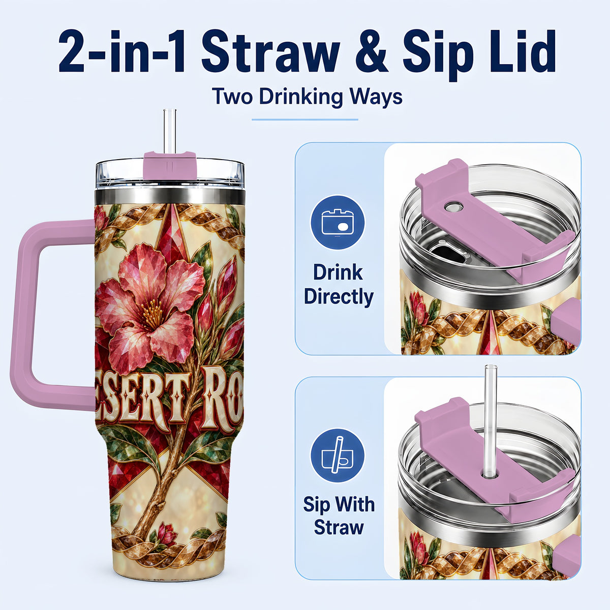 #pl[40oz|Pink] Western Floral Star 40oz Tumbler with Handle, Rose Stainless Steel Cup