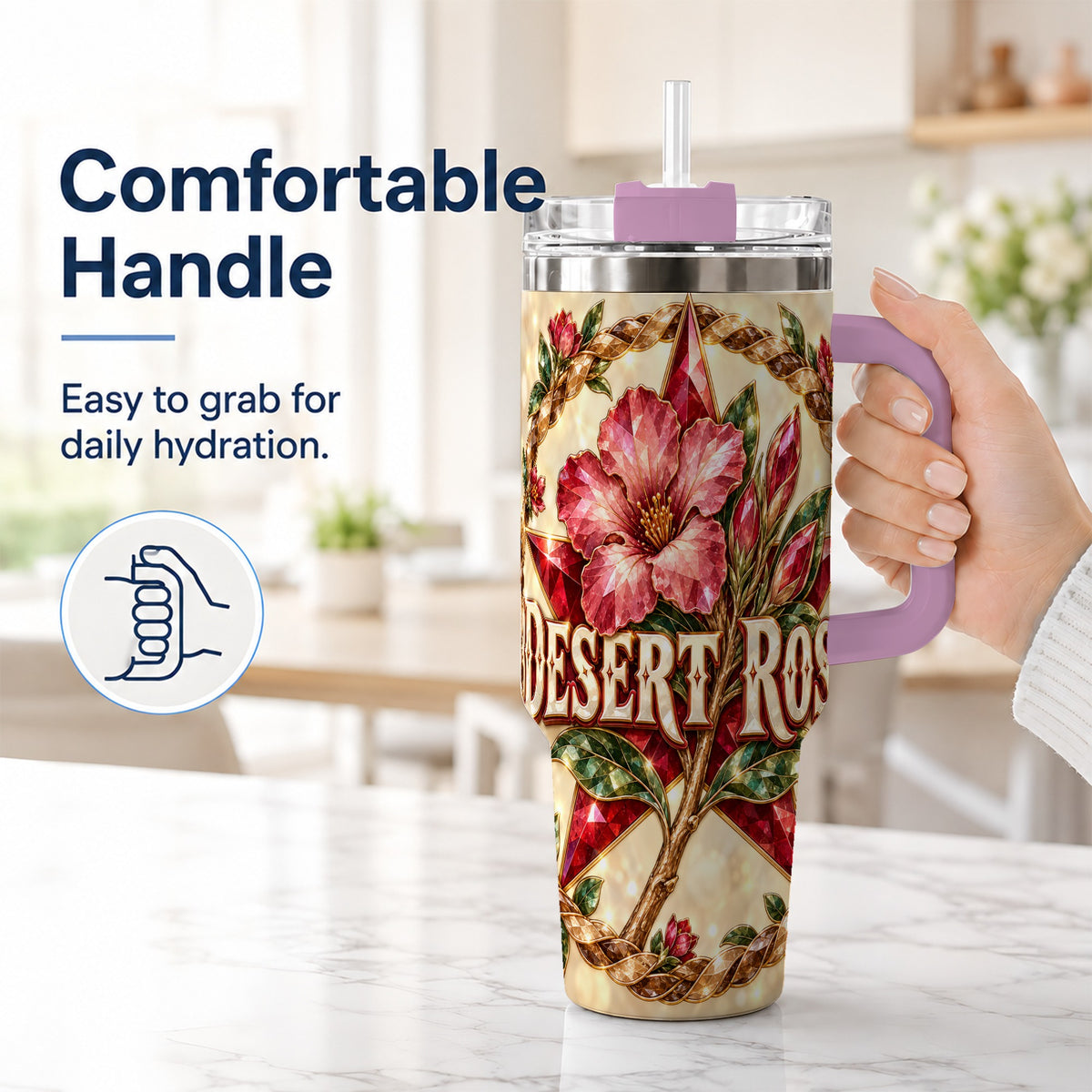 #pl[40oz|Pink] Western Floral Star 40oz Tumbler with Handle, Rose Stainless Steel Cup