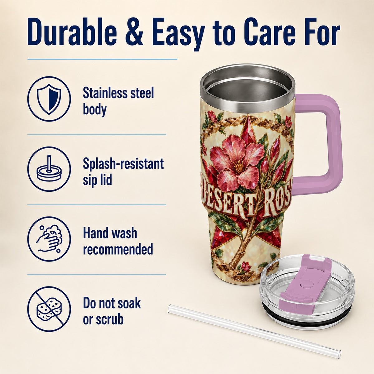 #pl[40oz|Pink] Western Floral Star 40oz Tumbler with Handle, Rose Stainless Steel Cup