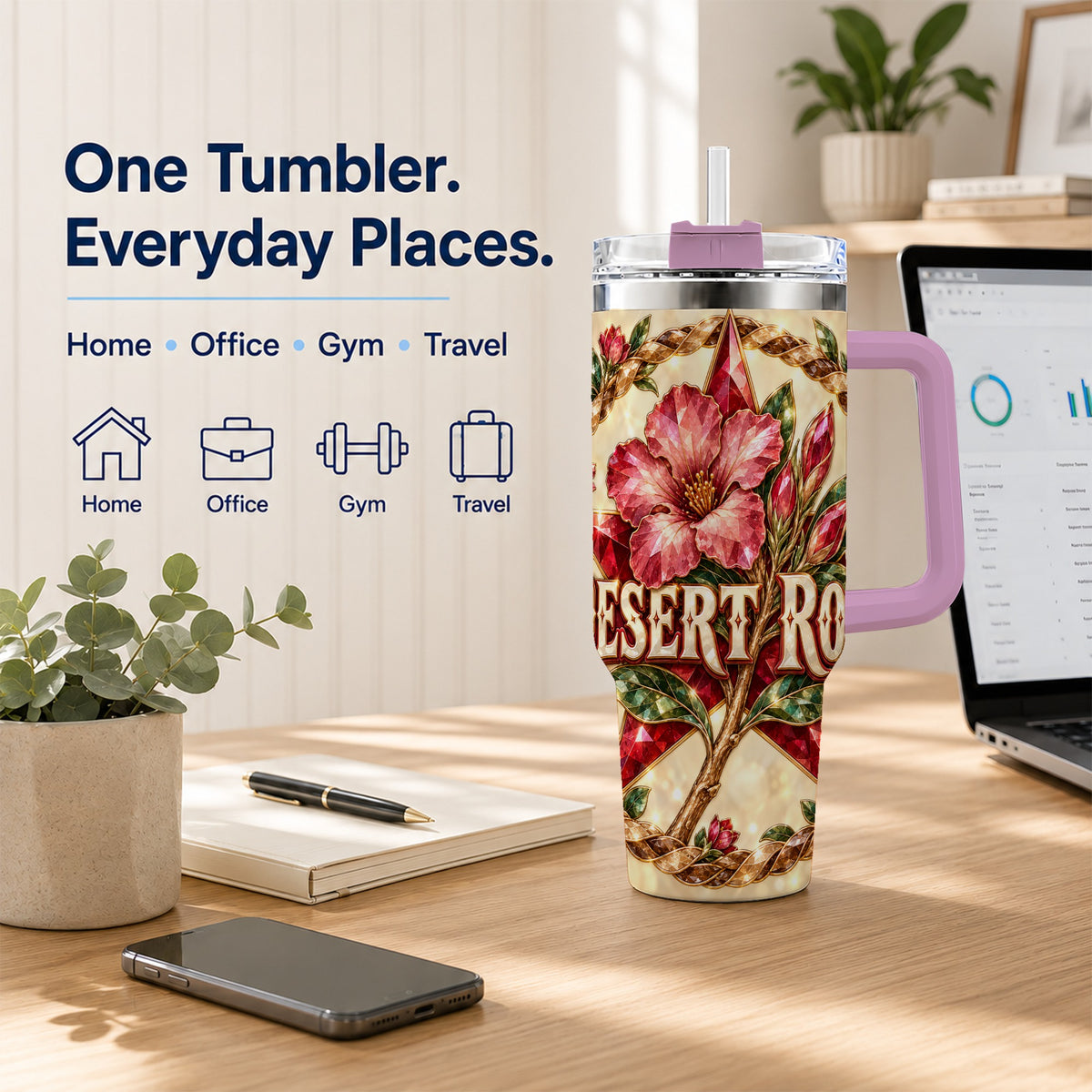 #pl[40oz|Pink] Western Floral Star 40oz Tumbler with Handle, Rose Stainless Steel Cup