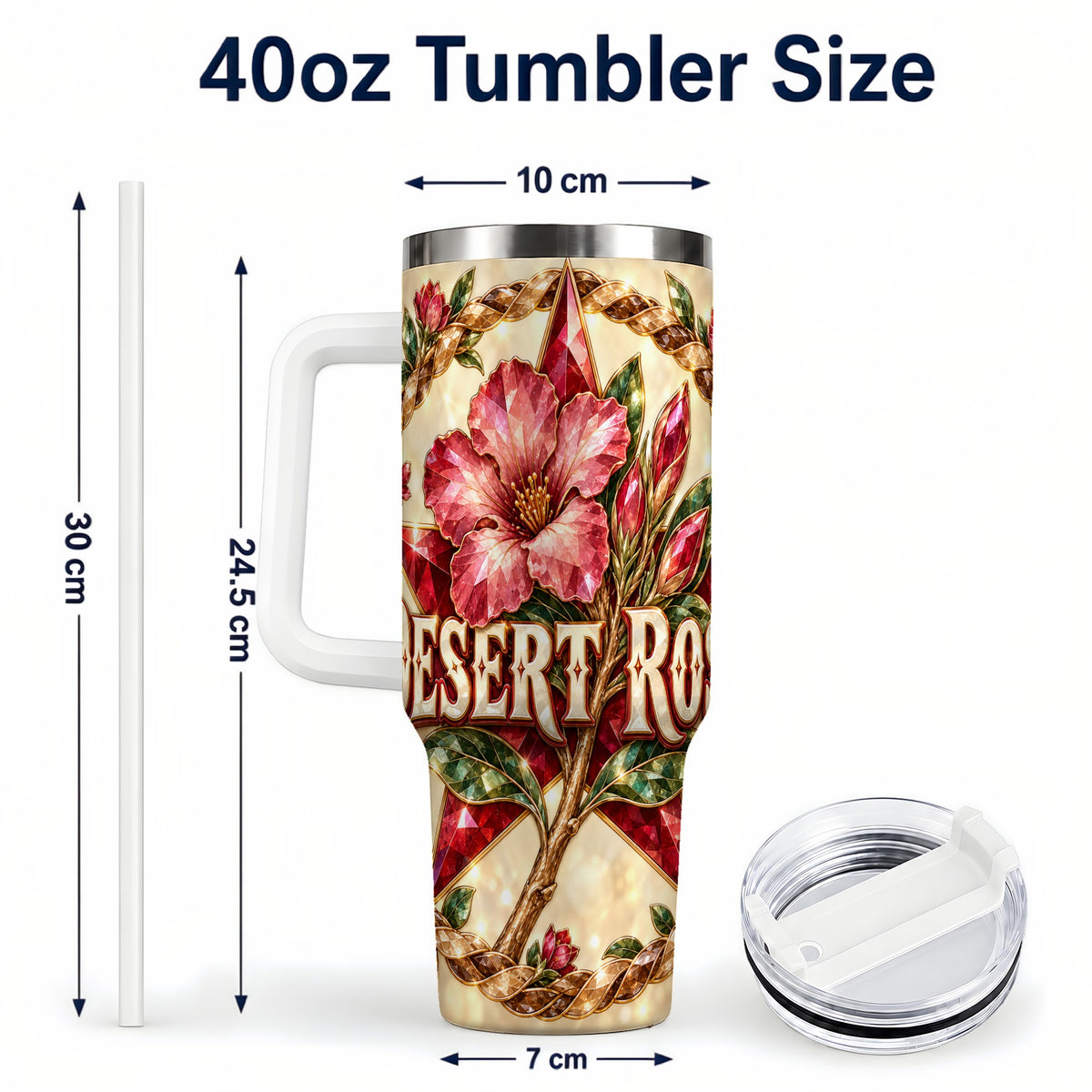 #pl[40oz|White] Western Floral Star 40oz Tumbler with Handle, Rose Stainless Steel Cup
