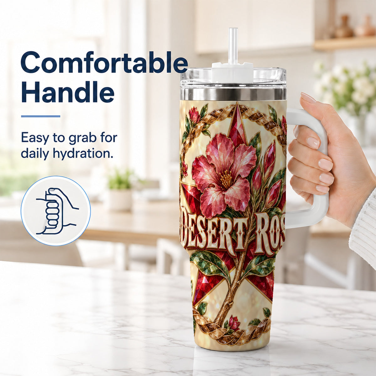 #pl[40oz|White] Western Floral Star 40oz Tumbler with Handle, Rose Stainless Steel Cup