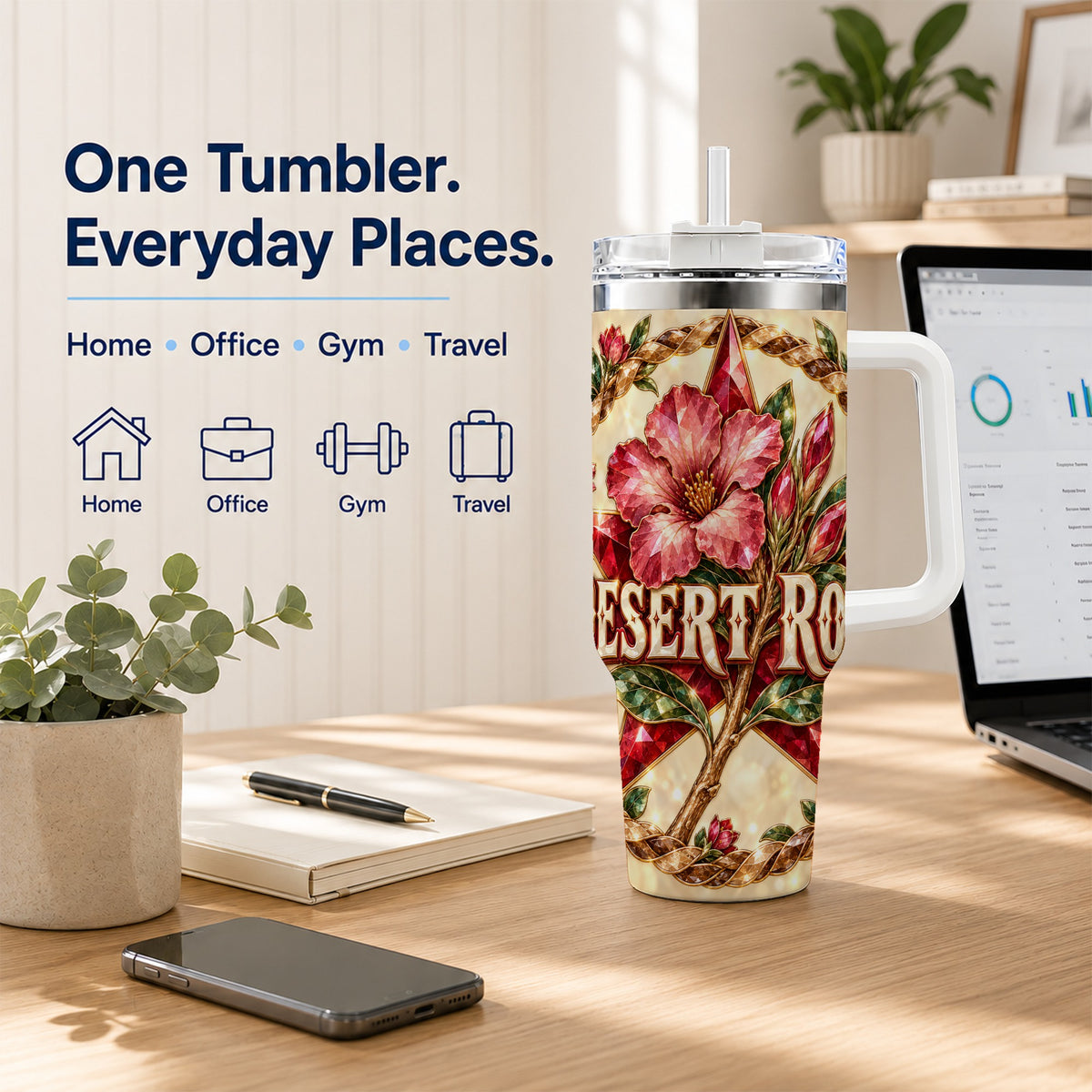 #pl[40oz|White] Western Floral Star 40oz Tumbler with Handle, Rose Stainless Steel Cup